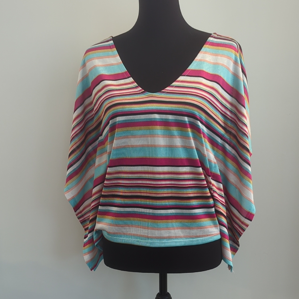 American Rag Striped V-Neck Flutter Sleeve Top in Teal & Magenta